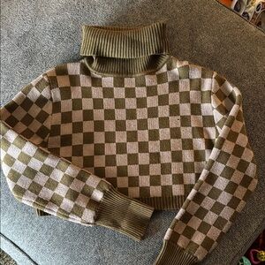 12th Tribe Olive and Cream Checkered Turtleneck Sweater
